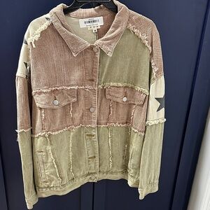 POL Patchwork Jean Jacket - Tan and Cream